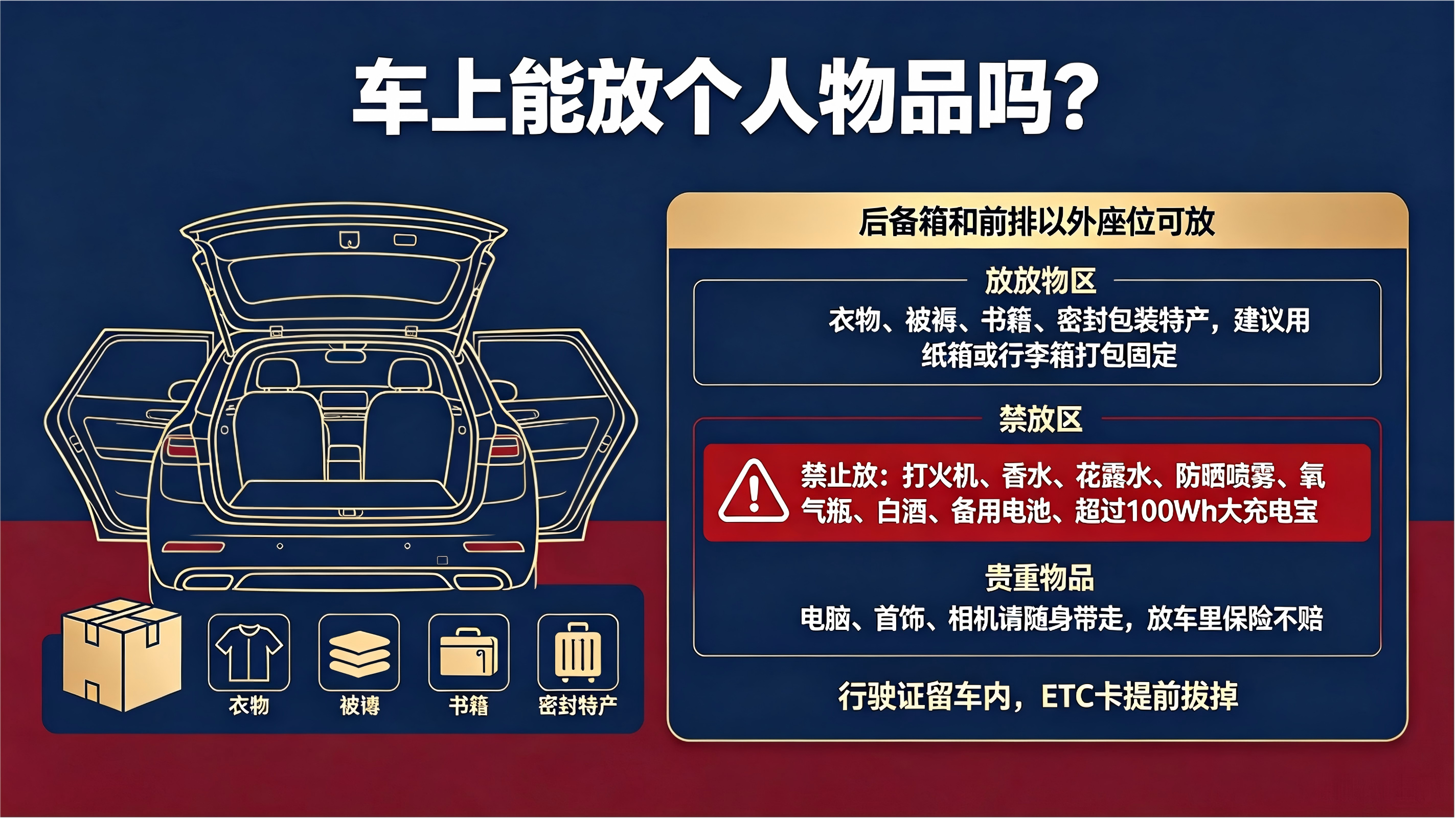 华夏通汽车托运从北京托运车辆，车上能放个人物品吗？有什么不能放的？